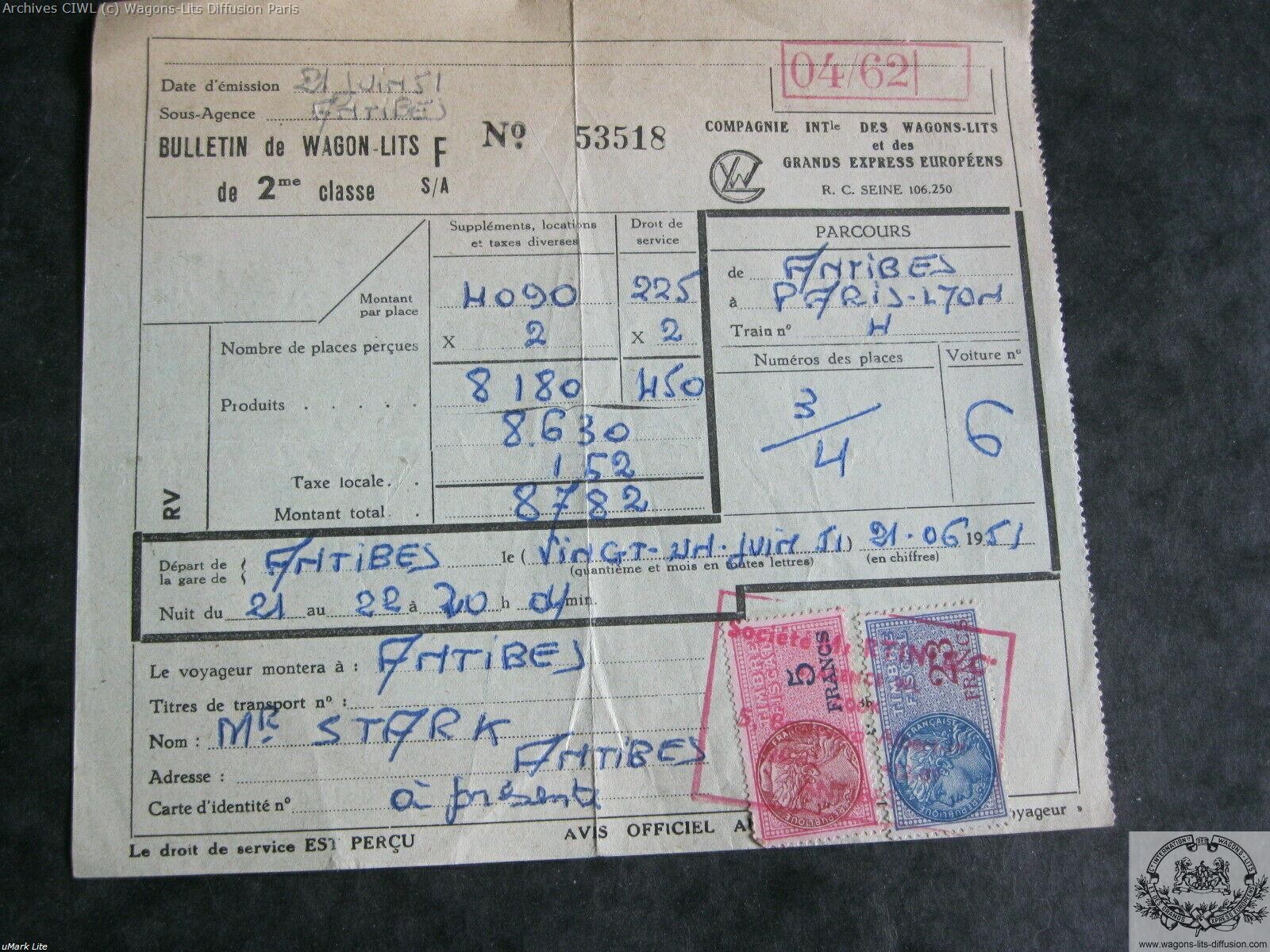Wl billet ciwl paris antibes train bleu 1951