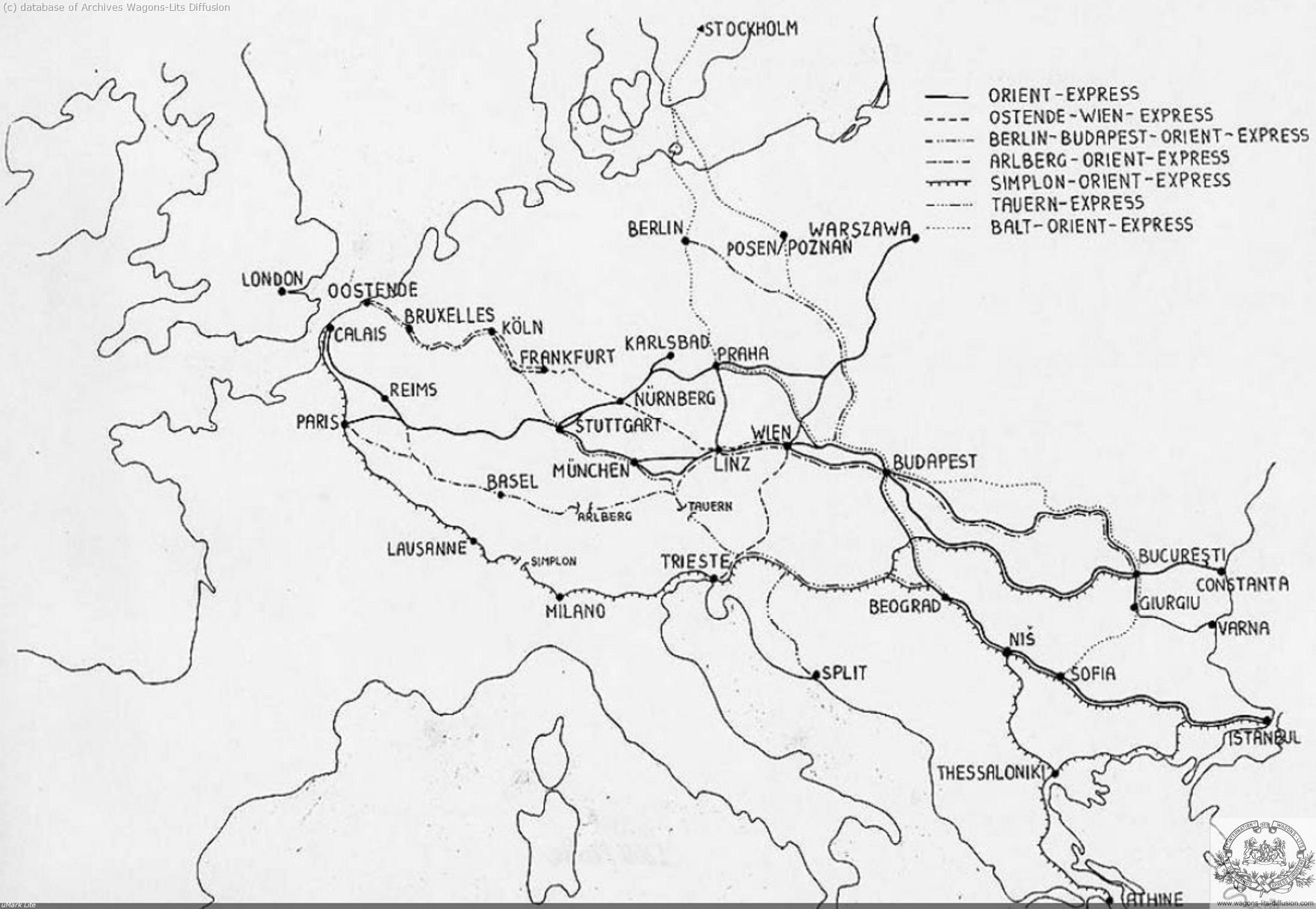 Wl carte trajets des divers orient express dans les annees 1930